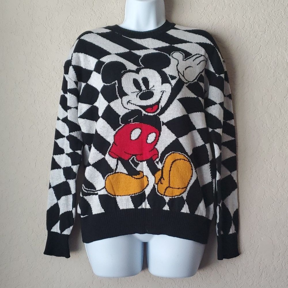 Disney Mickey Mouse Checkered Knit Sweater XS Black White Harlequin
